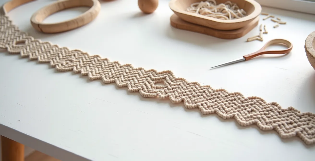 Vue environnementale d'une ceinture macramé avec motifs chevrons sur table d'atelier