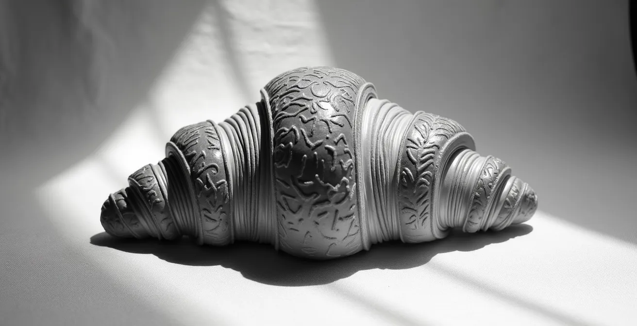 Broderie monochrome d'un croissant avec variations de points créant volume et lumière