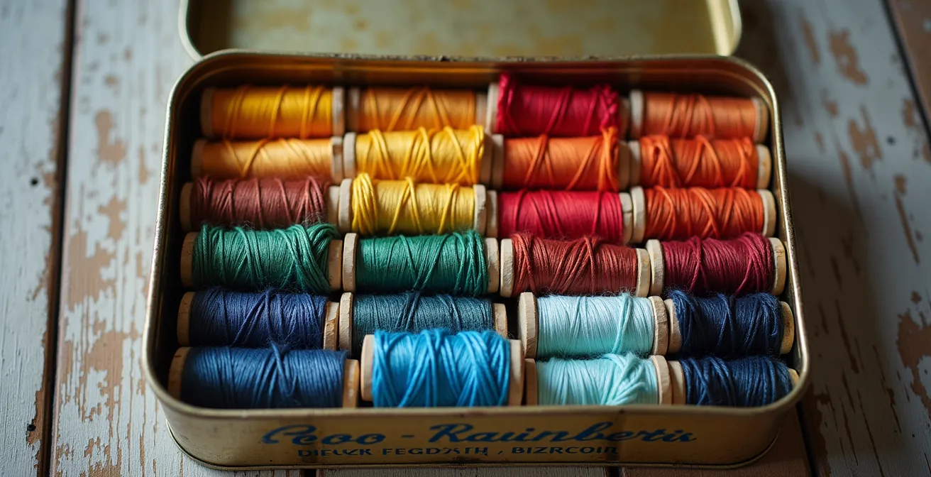 Vue aérienne d'une collection de fils à broder organisés par camaïeux de couleurs dans une boîte vintage française, créant un arc-en-ciel visuel