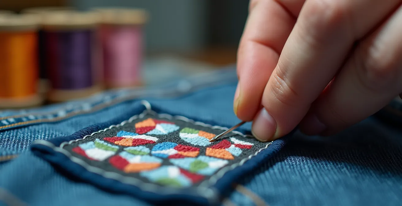 Gros plan sur une main effectuant un point de feston sur un patch coloré