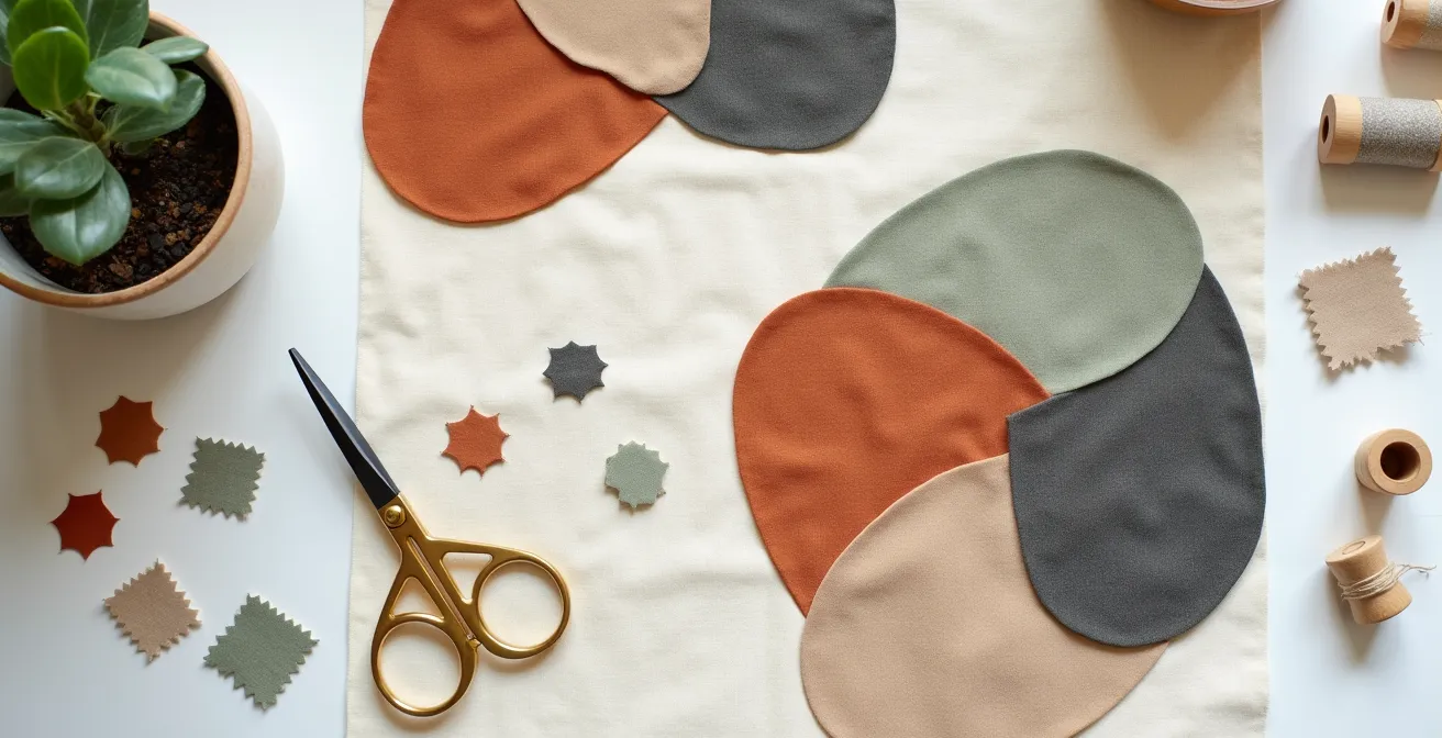 Vue aérienne minimaliste d'un patchwork moderne aux couleurs naturelles disposé sur une surface épurée