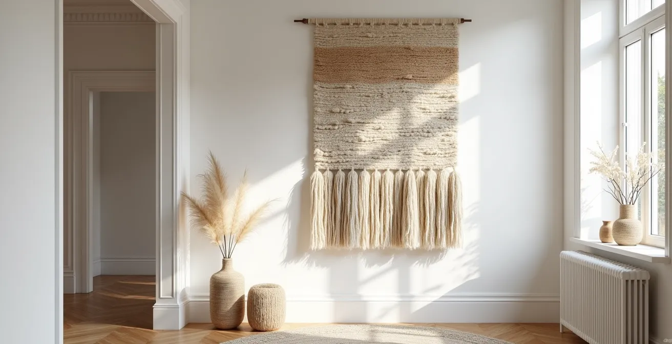 Tapisserie murale artisanale en laine française dans un intérieur contemporain épuré