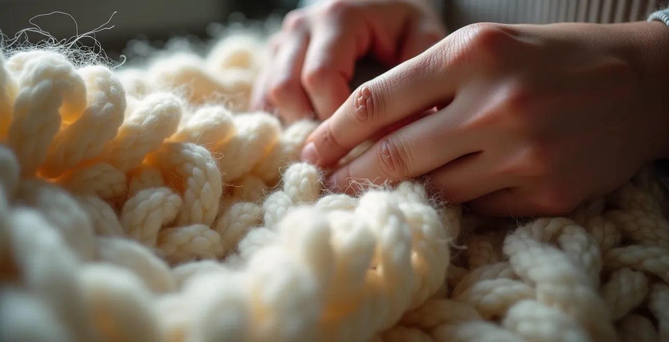 Mains tricotant un plaid XXL en laine mérinos épaisse sans aiguilles