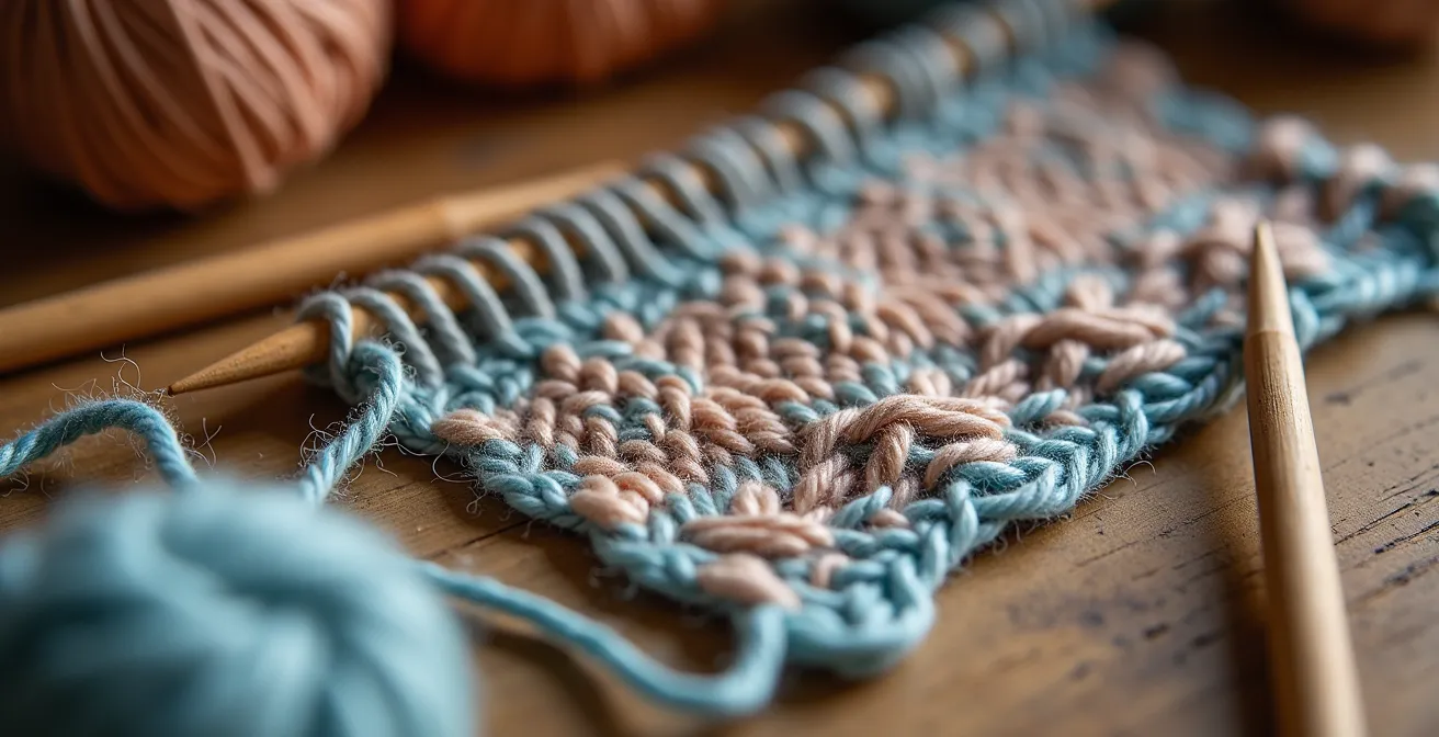 Premier tricot avec mailles irrégulières montrant la beauté de l'apprentissage