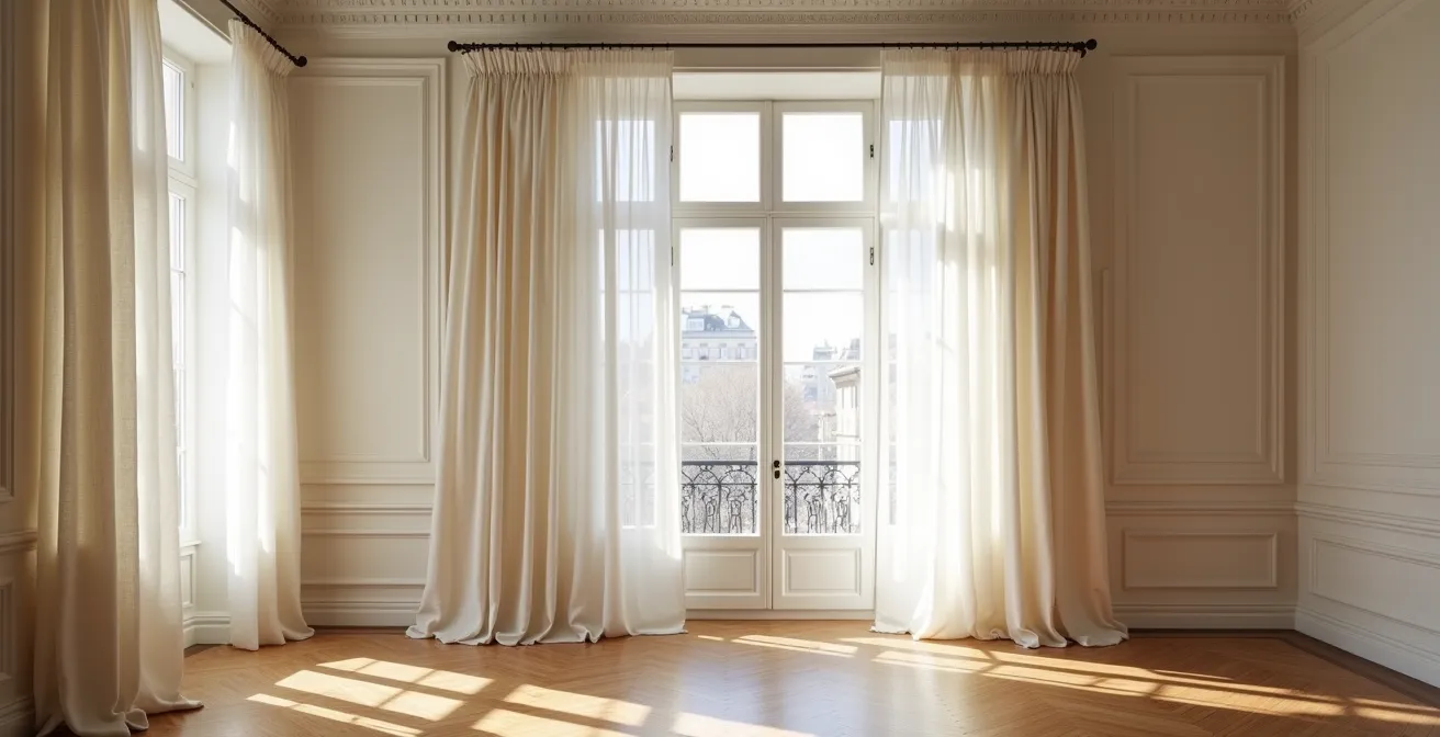 Rideaux en lin filtrant la lumière dans un appartement haussmannien avec moulures