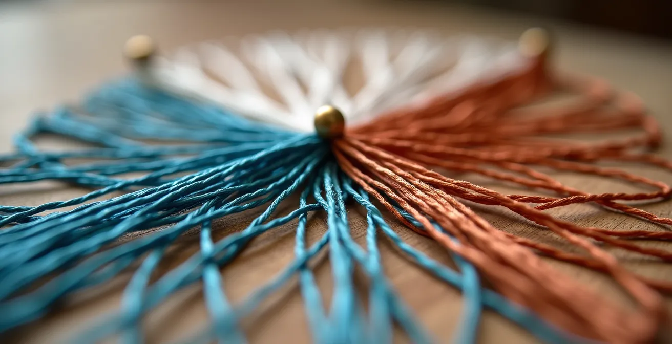 Création string art avec fils colorés créant un effet tridimensionnel sur support en bois brut