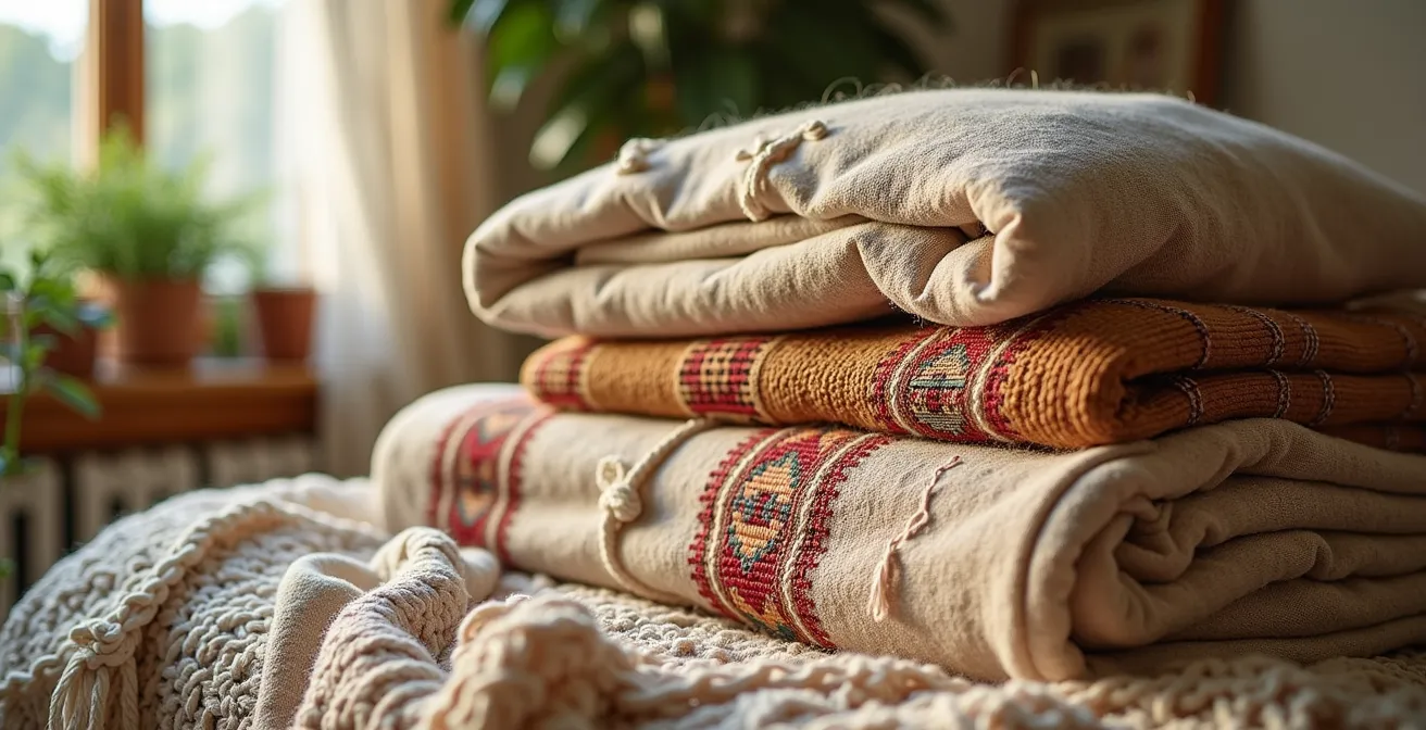 Gros plan sur superposition de textiles bohèmes avec macramé et broderie française