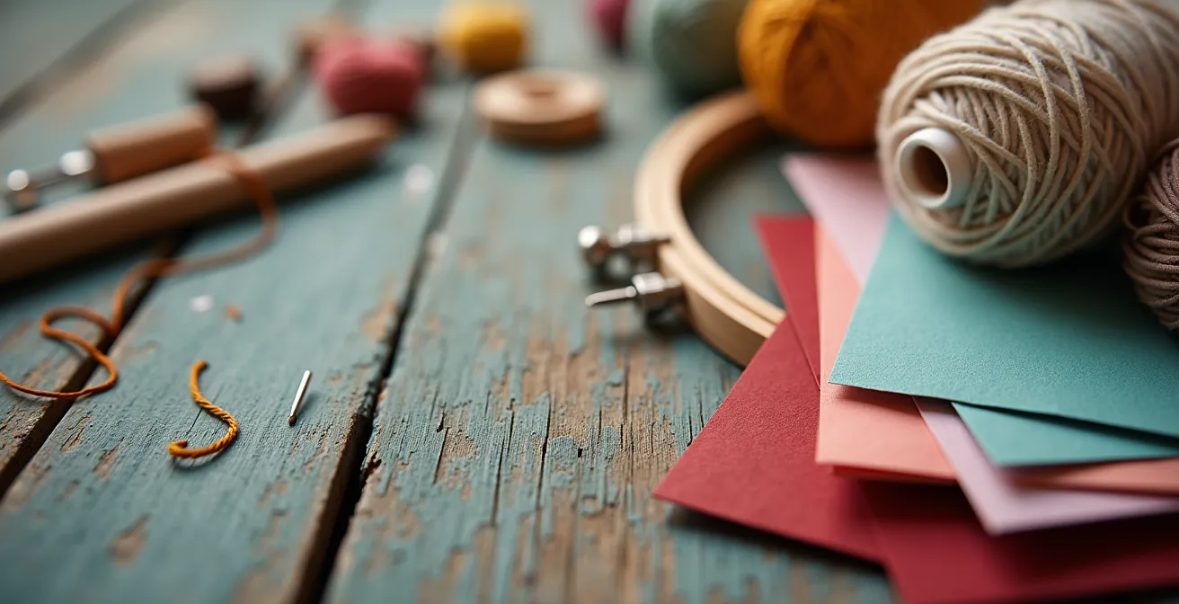 Vue en plongée d'une table avec différents kits créatifs à petit budget disposés de manière organisée