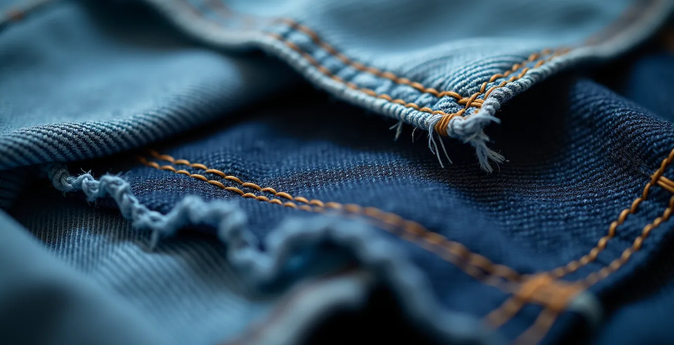 Gros plan sur des créations upcyclées à partir de jean : sac, trousse et accessoires